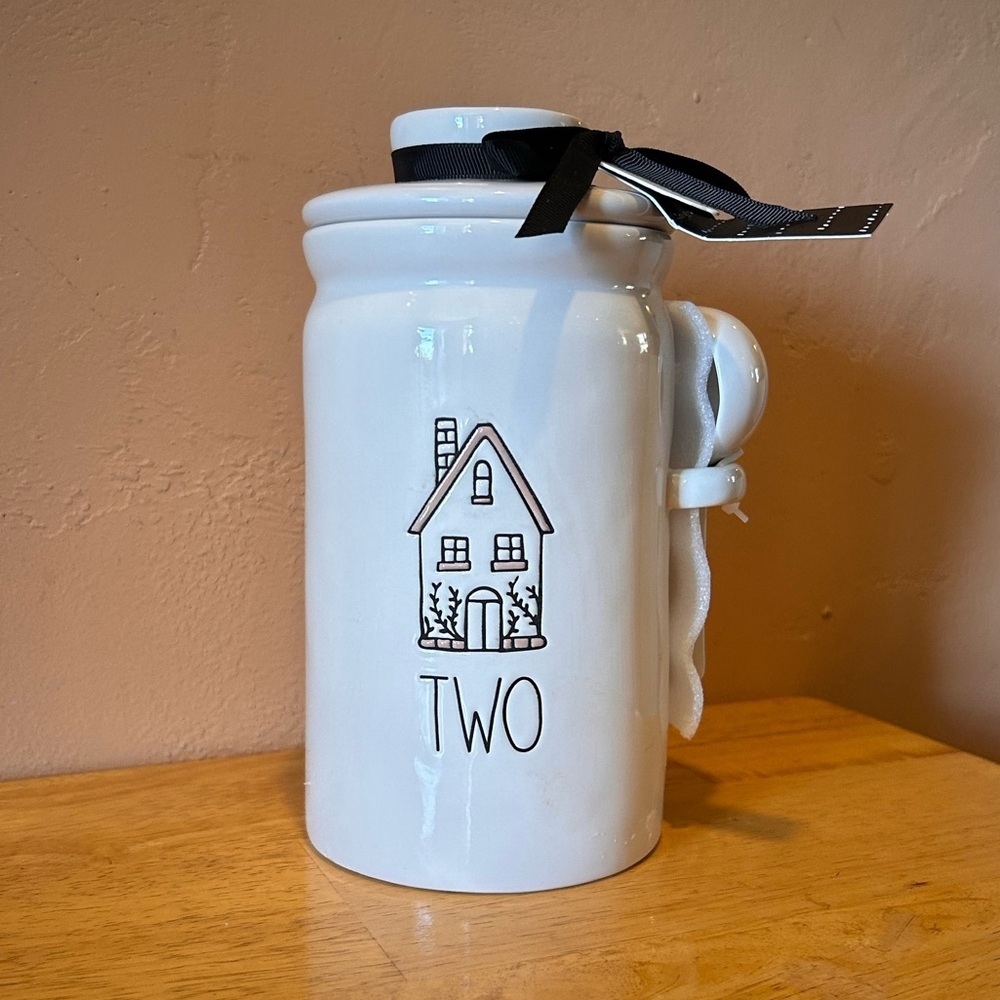 NWTS Rae Dunn “TWO” Gingerbread House Ceramic Kitchen Canister With Spoon.